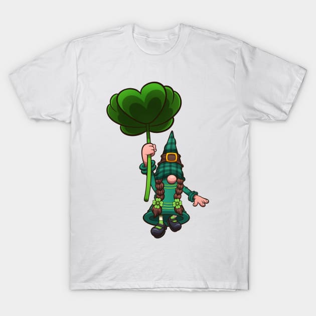 Female Leprechaun Gnome Flying With Clover Leaf T-Shirt by TheMaskedTooner